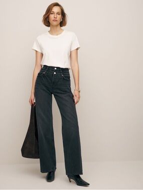 Reformation Cary Double Waistband Wide-Leg High-Rise Jeans in Dark Charcoal